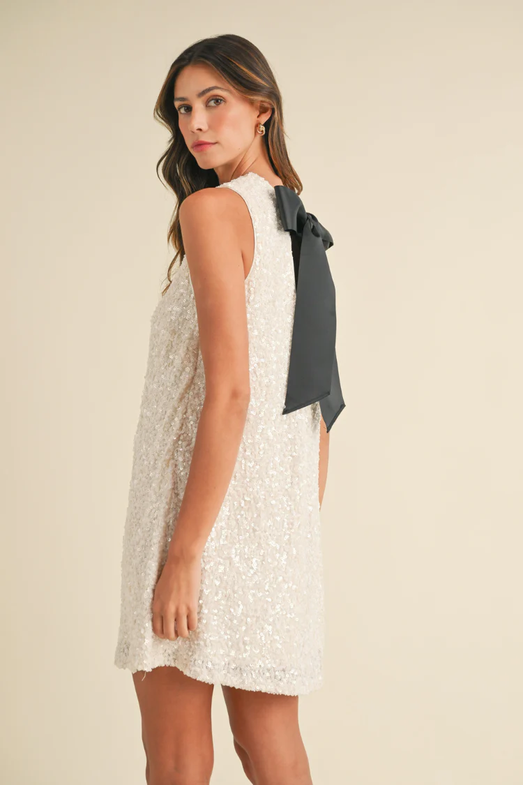 Irina White Sequin Sleeveless Mini Dress with Black Bow - Image 3