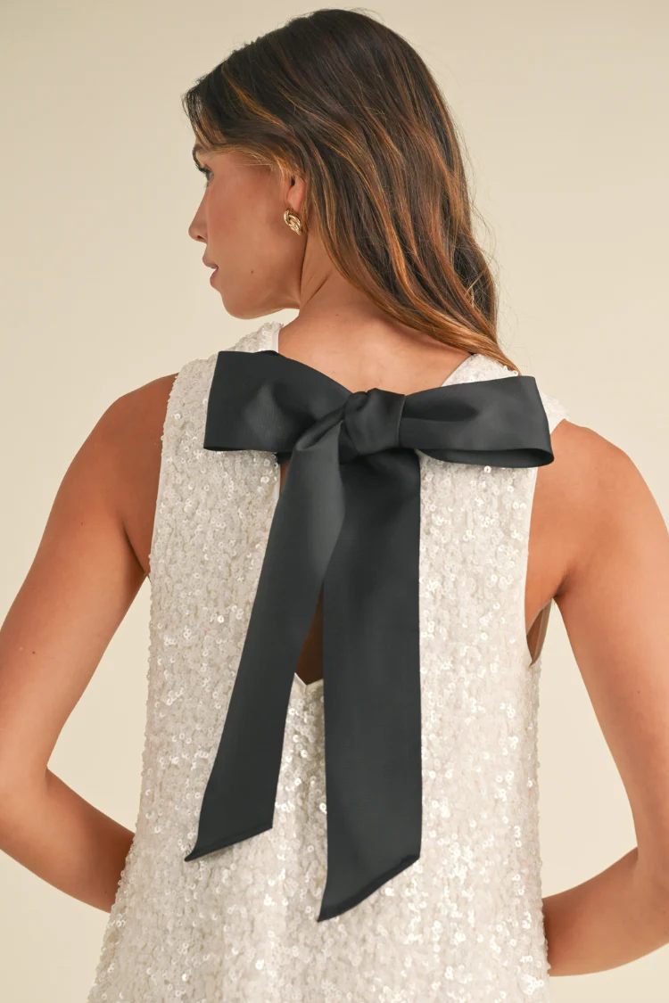 Irina White Sequin Sleeveless Mini Dress with Black Bow - Image 4