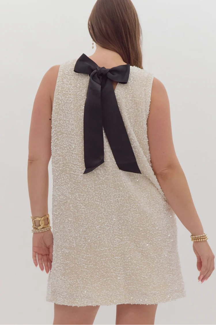 Irina White Sequin Sleeveless Mini Dress with Black Bow - Image 7