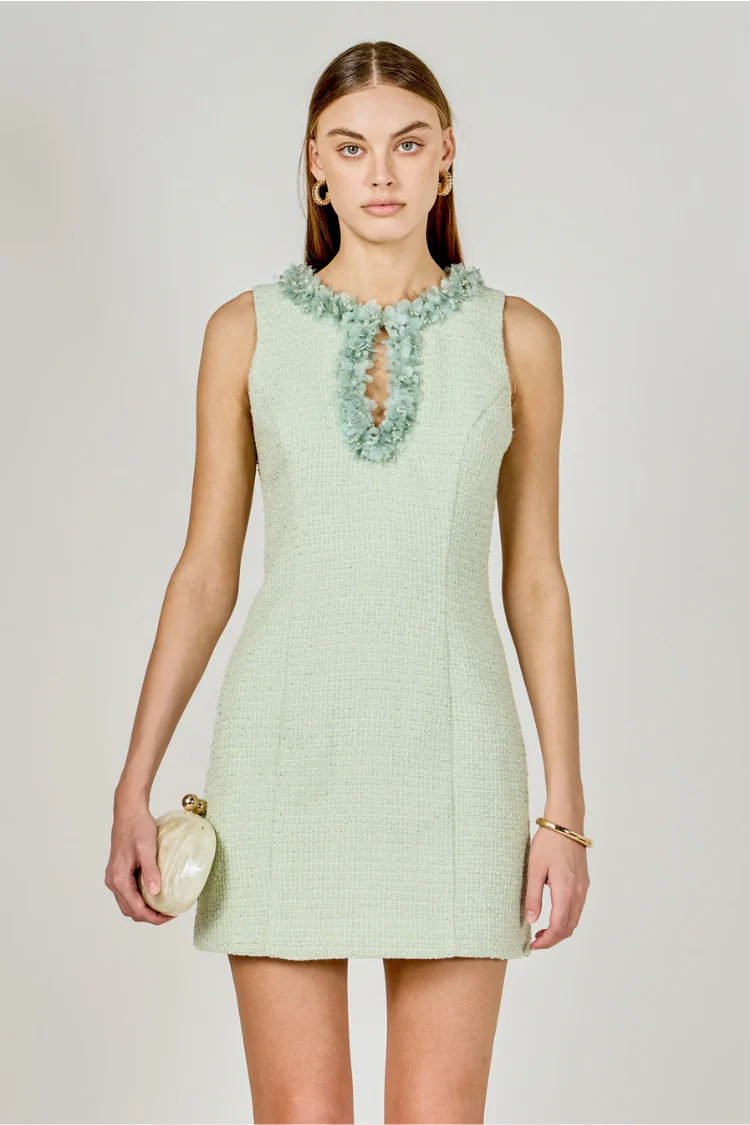 Jackie Tweed Racerback Floral Trim Mini Dress - Pistachio - Image 5