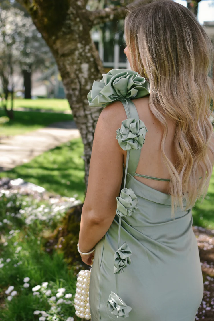 Lana Cowl Back Gown with 3D Floral Trim - Sage Green - Image 3