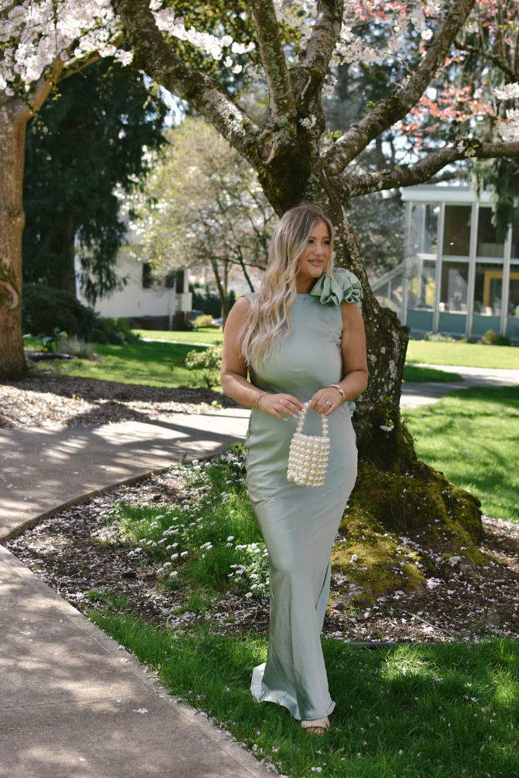 Lana Cowl Back Gown with 3D Floral Trim - Sage Green - Image 4