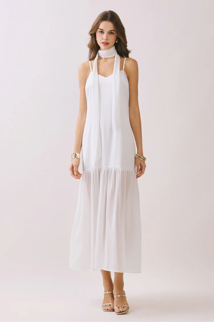 Lila Maxi Dress with Neck Scarf - White - Image 5