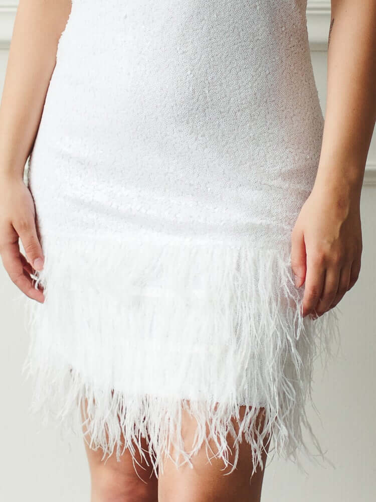Lou Lou White Sequin Mini Dress with Feathers - Image 7