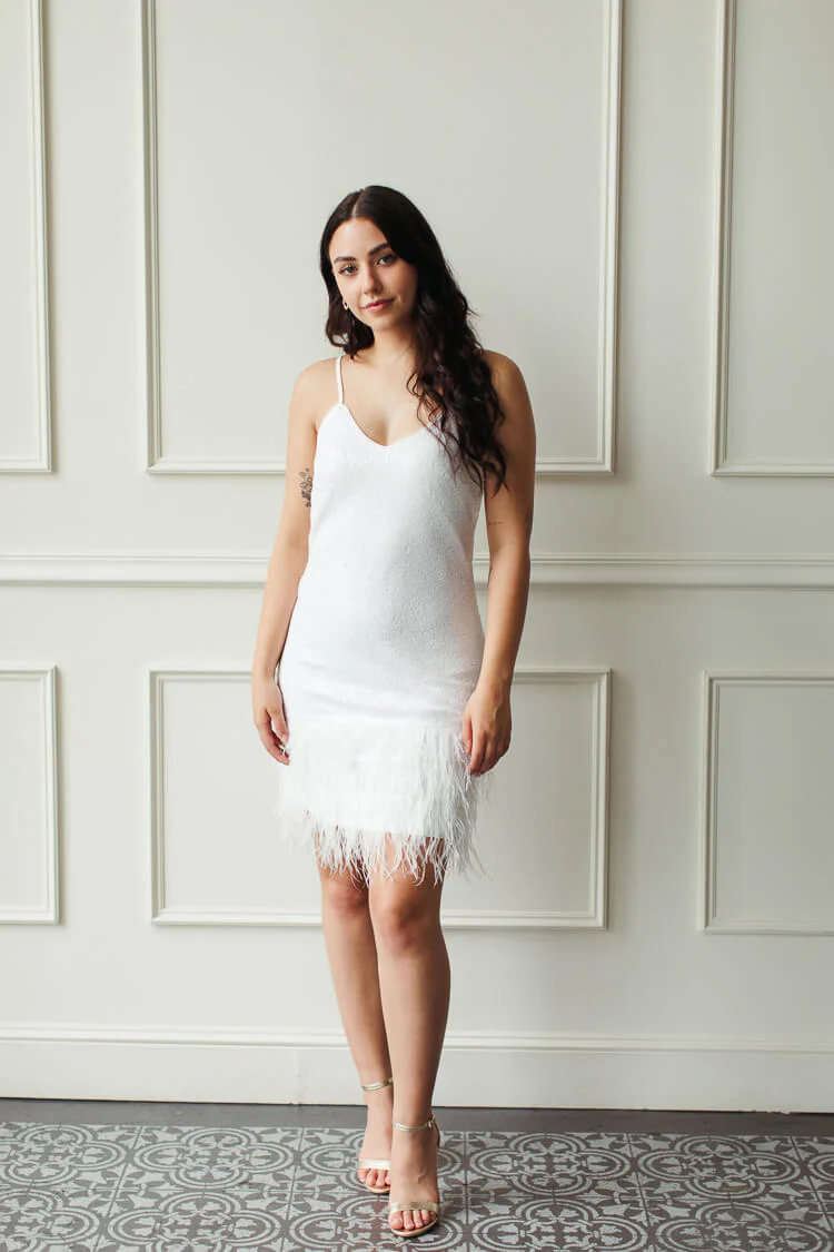 Lou Lou White Sequin Mini Dress with Feathers - Image 8