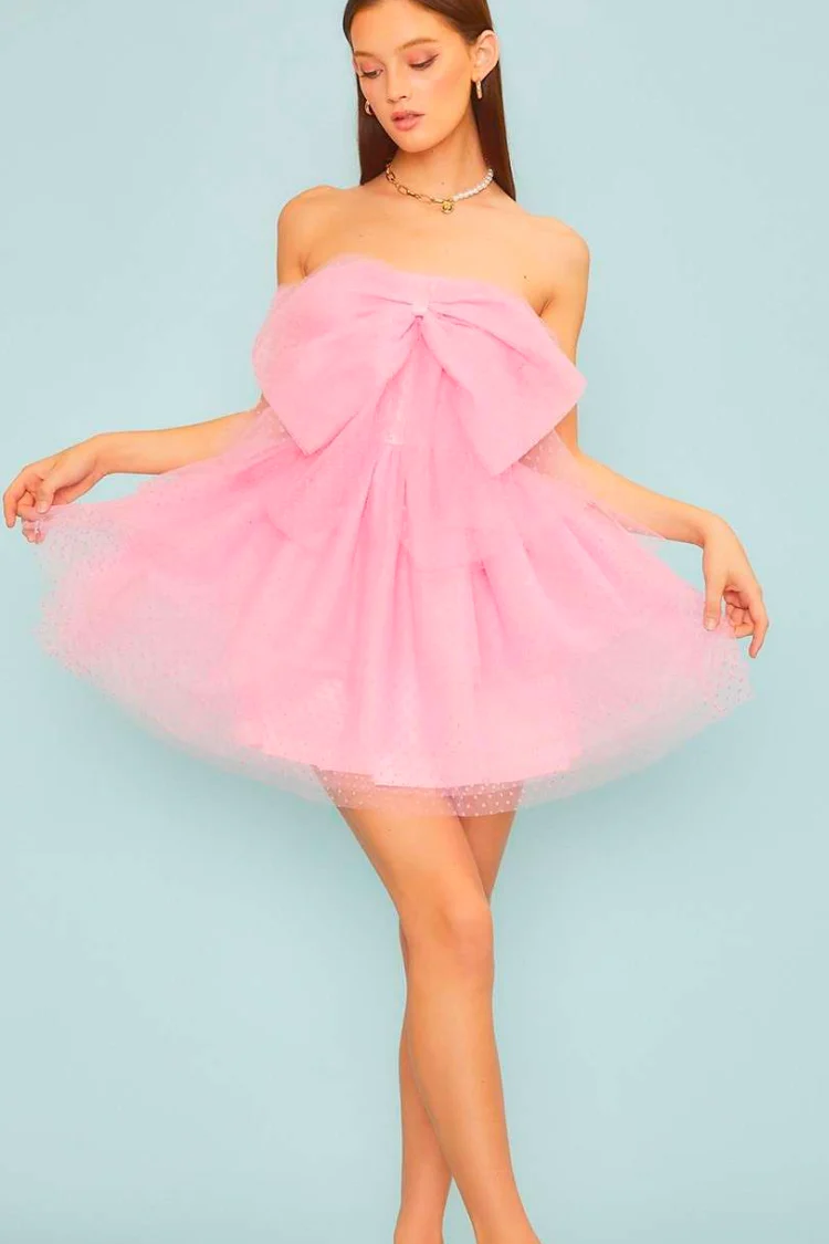 Lowery Swiss Dot Bow Mini Dress - Pink - FINAL SALE - Image 7