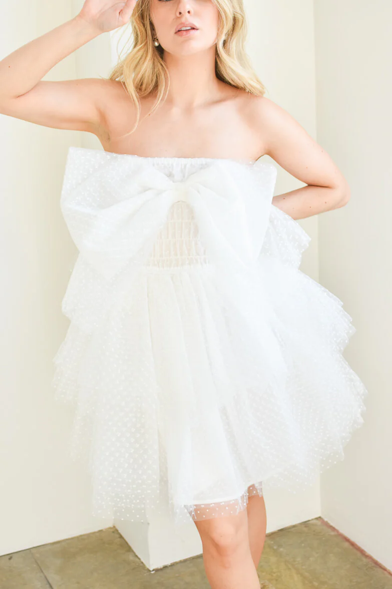 Lowery Swiss Dot Bow Mini Dress -White - FINAL SALE