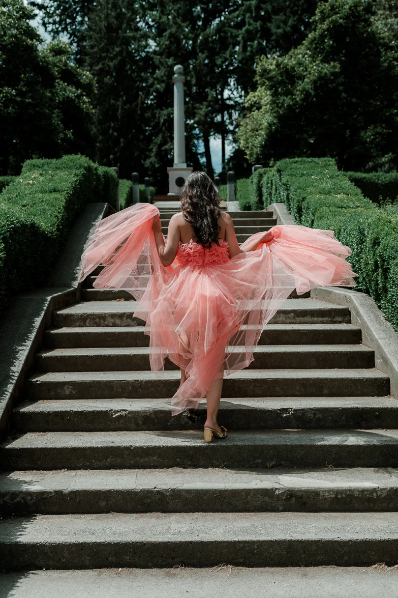Madeleine Coral Strapless Tulle High Low Maxi Dress - Image 3