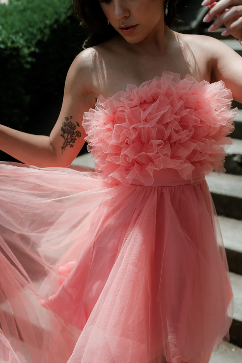Madeleine Coral Strapless Tulle High Low Maxi Dress - Image 5