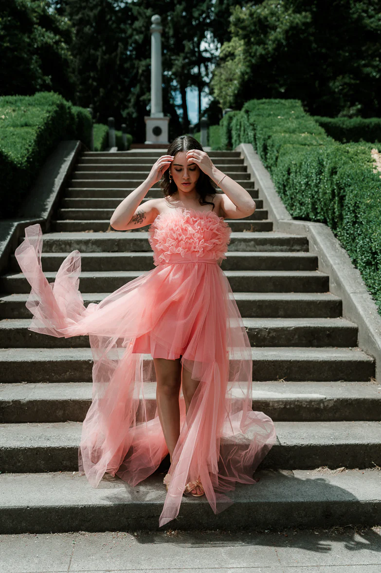 Madeleine Coral Strapless Tulle High Low Maxi Dress - Image 6