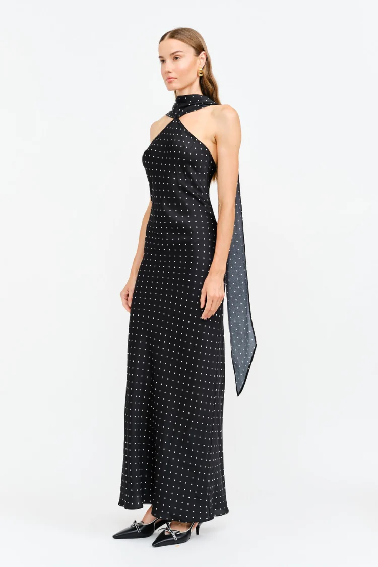 Magdalena Polka Dot Maxi Dress with Neck Scarf - Image 3