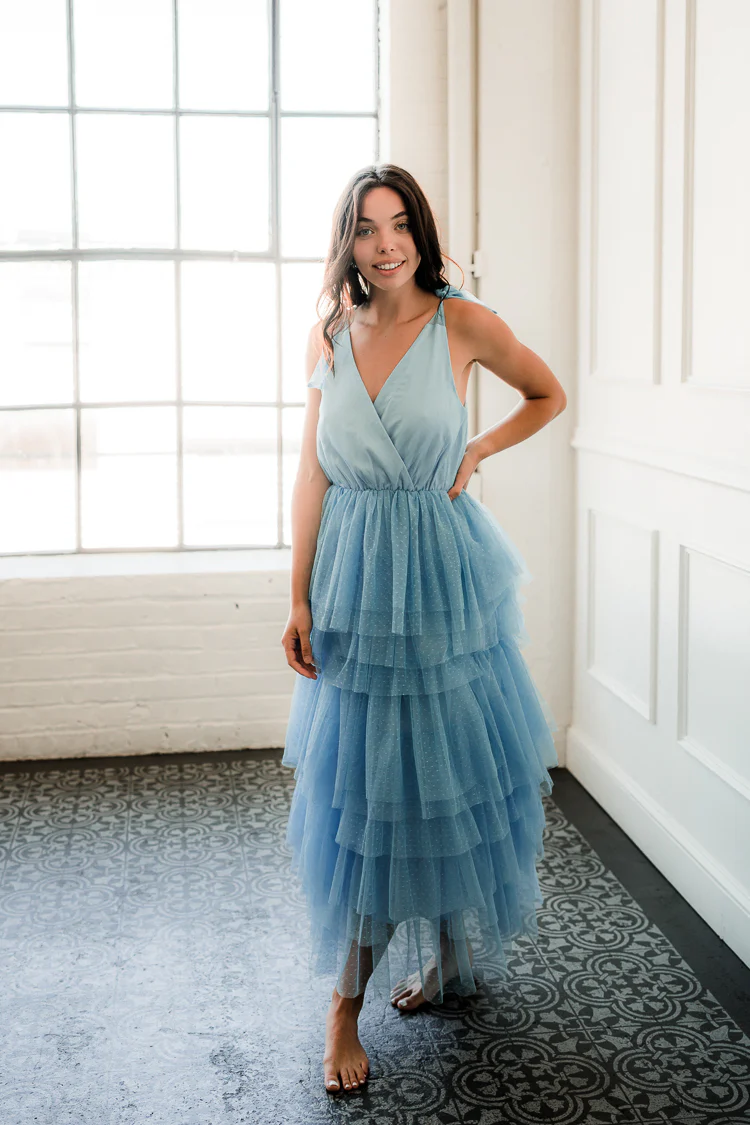 Mare Tiered Blue Tulle Midi Dress - FINAL SALE - Image 4