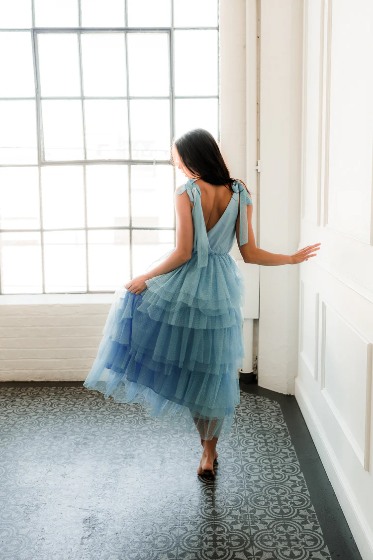 Mare Tiered Blue Tulle Midi Dress - FINAL SALE - Image 5