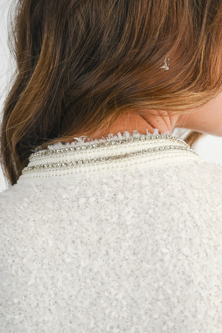 Marlo Rhinestone Embellished Tweed Knit Jacket - Cream - Image 10