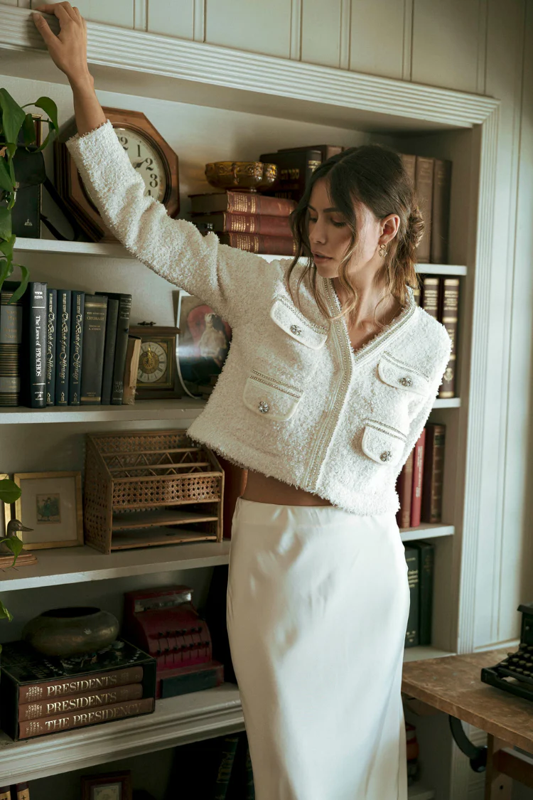 Marlo Rhinestone Embellished Tweed Knit Jacket - Cream - Image 12