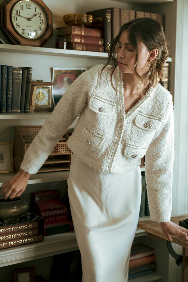 Marlo Rhinestone Embellished Tweed Knit Jacket - Cream - Image 13