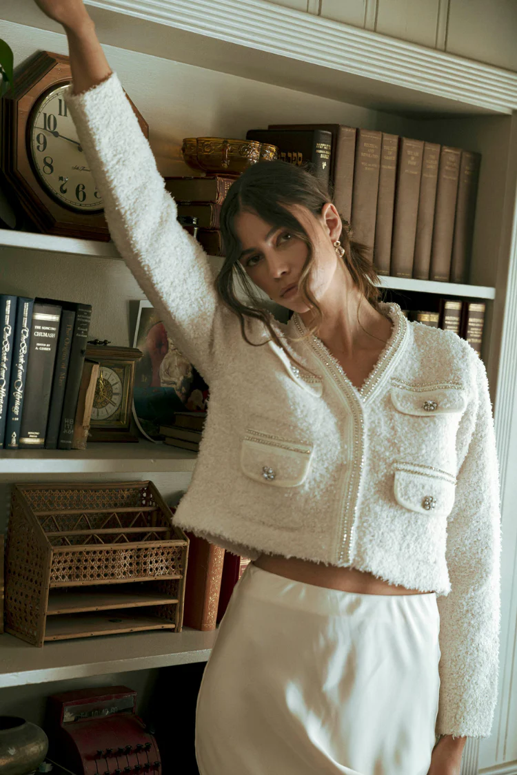Marlo Rhinestone Embellished Tweed Knit Jacket - Cream - Image 14