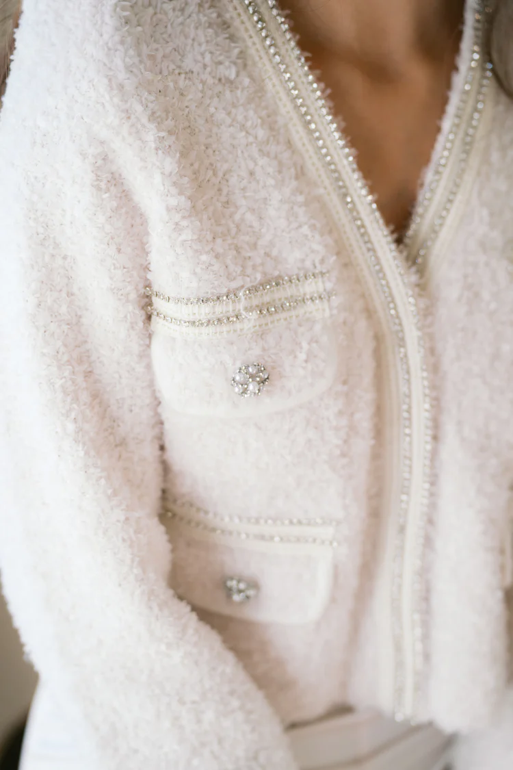 Marlo Rhinestone Embellished Tweed Knit Jacket - Cream - Image 3