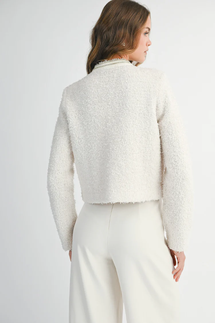 Marlo Rhinestone Embellished Tweed Knit Jacket - Cream - Image 8