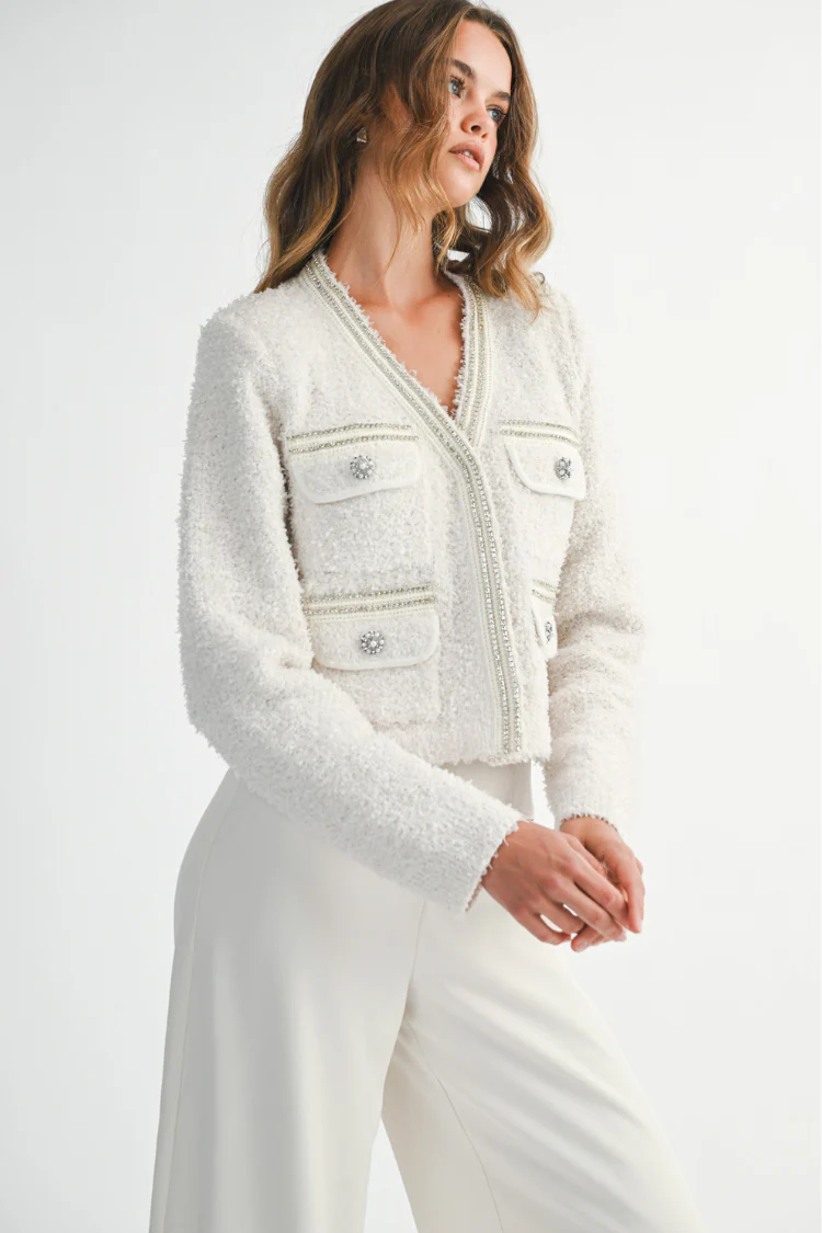 Marlo Rhinestone Embellished Tweed Knit Jacket - Cream - Image 9