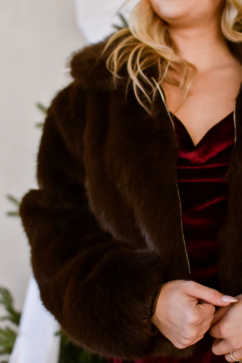 Nia Mocha Faux Fur Bomber Jacket - FINAL SALE - Image 3
