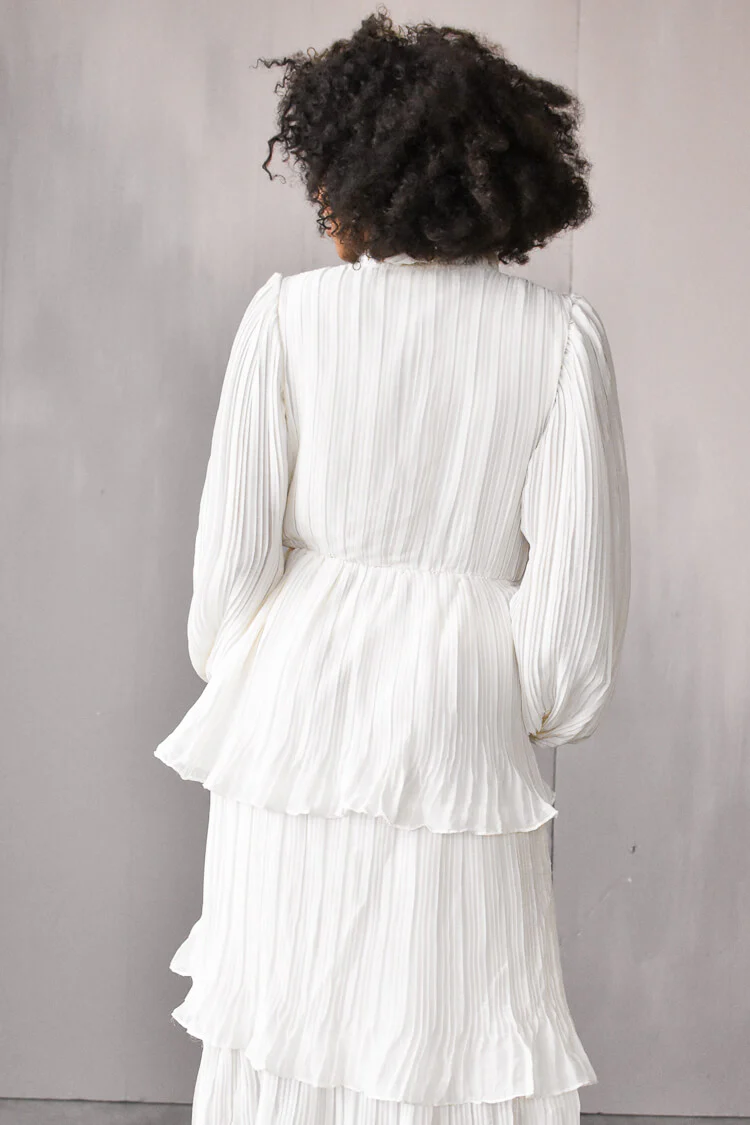Odette Ruffle Mock Neck Tiered Midi Dress - White - FINAL SALE - Image 3
