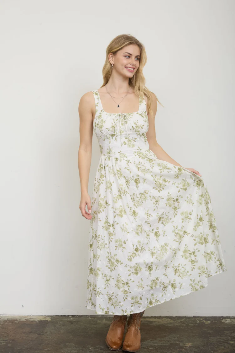 Olive Blossom Eyelet Midi Dress - Image 4
