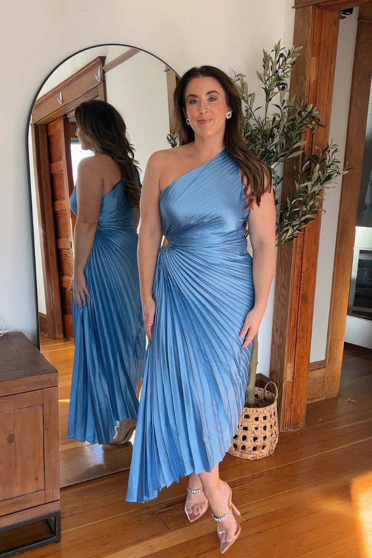 Olympia Blue Pleated One Shoulder Gown - Image 3