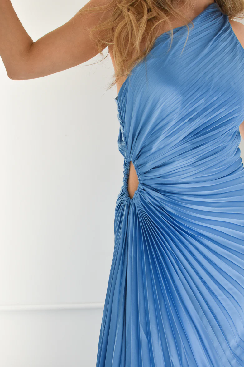 Olympia Blue Pleated One Shoulder Gown - Image 4