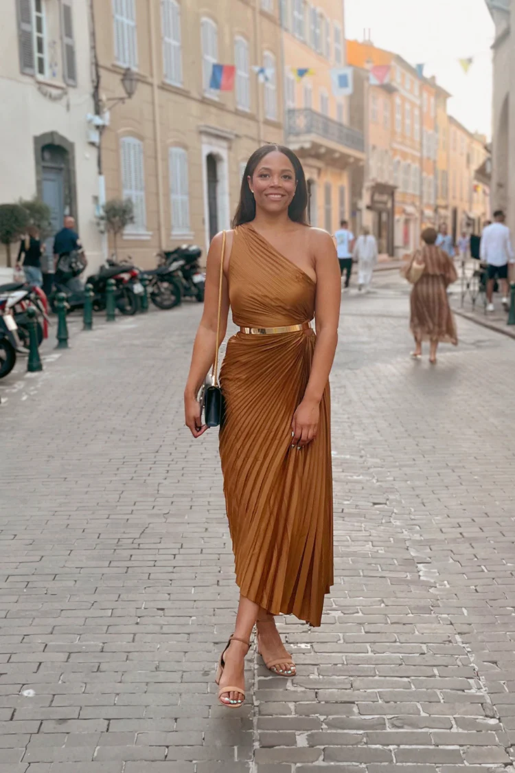 Olympia Bronze Pleated One Shoulder Gown - Image 4