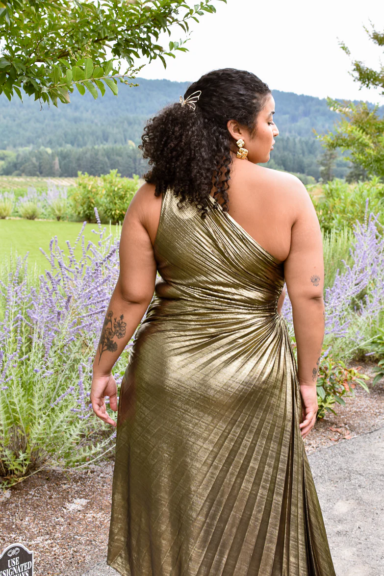 Olympia Gold Metallic Pleated One Shoulder Gown - Plus - Image 4
