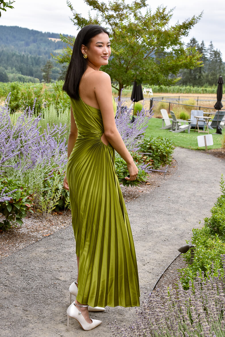 Olympia Olive Green Pleated One Shoulder Gown - Image 3