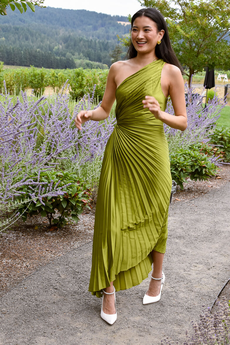 Olympia Olive Green Pleated One Shoulder Gown - Image 5