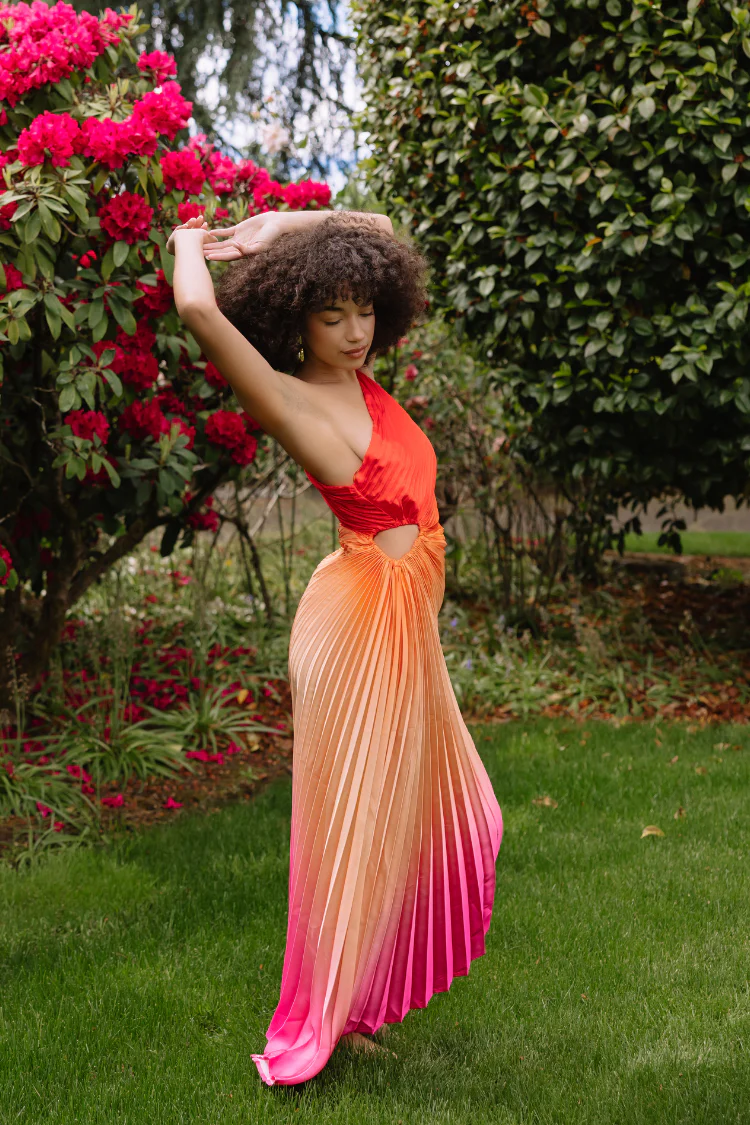Olympia Pink Ombre Pleated One Shoulder Gown - Hibiscus Cosmo - Image 3