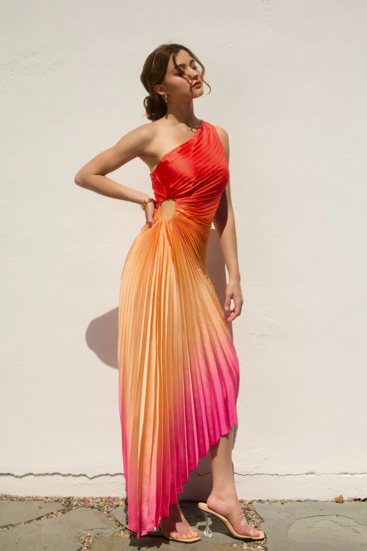 Olympia Pink Ombre Pleated One Shoulder Gown - Hibiscus Cosmo - Image 4