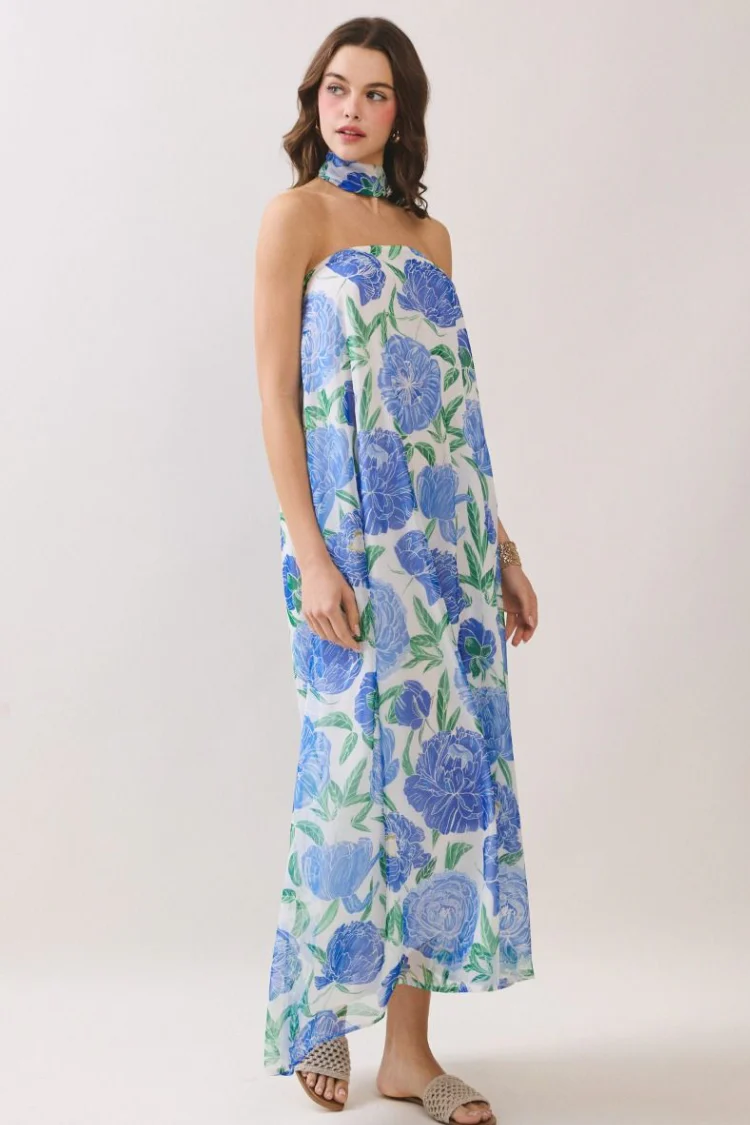 Pre-Order - Peony Dreams Maxi Dress with Neck Scarf - Blue Floral - 6/2 - Image 3