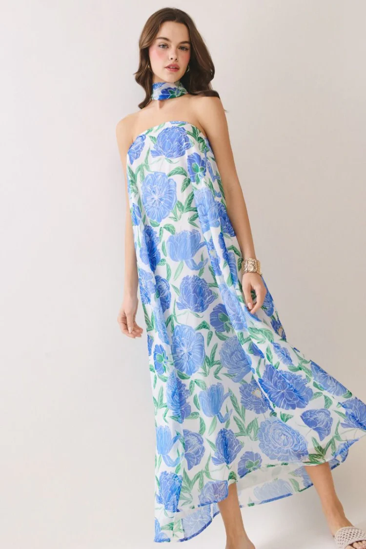Pre-Order - Peony Dreams Maxi Dress with Neck Scarf - Blue Floral - 6/2 - Image 4