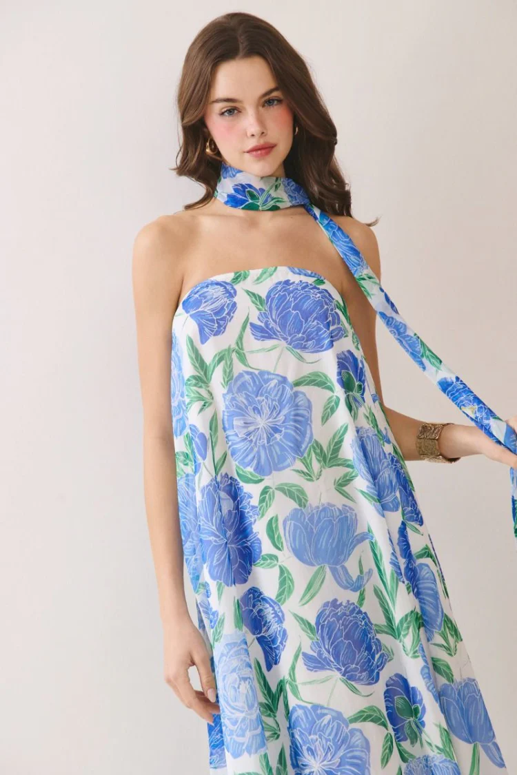 Pre-Order - Peony Dreams Maxi Dress with Neck Scarf - Blue Floral - 6/2 - Image 5