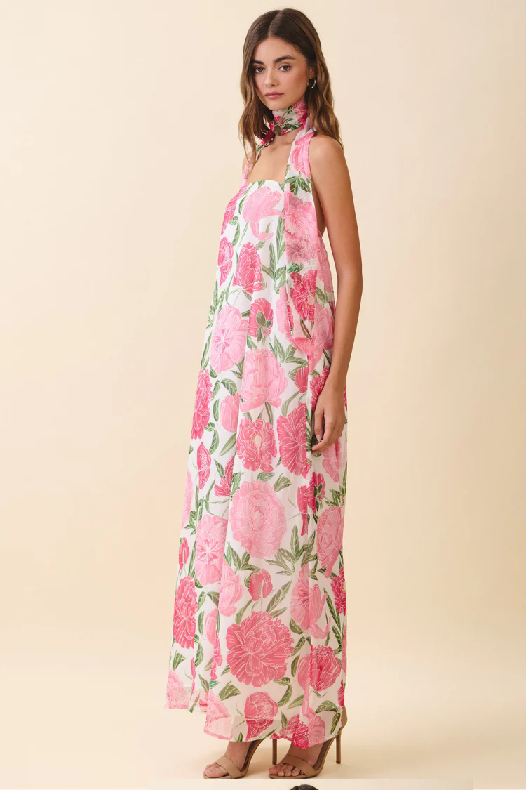 Peony Dreams Maxi Dress with Neck Scarf - Image 5