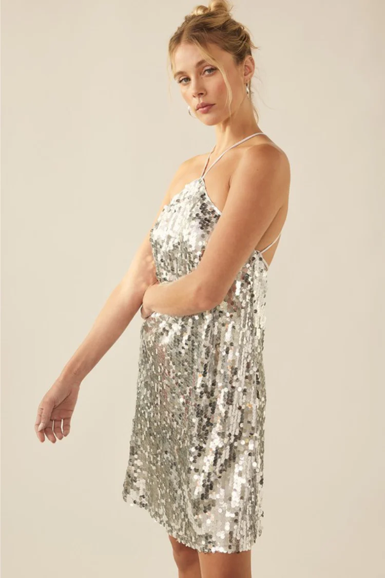 Pippa Silver Sequin Halter Mini Dress - Image 2