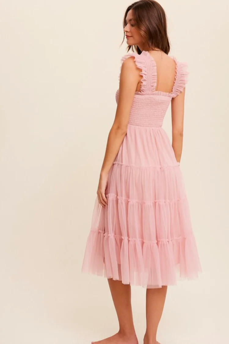 Fiori Short Pink Tulle Tiered Midi Dress - FINAL SALE - Image 3