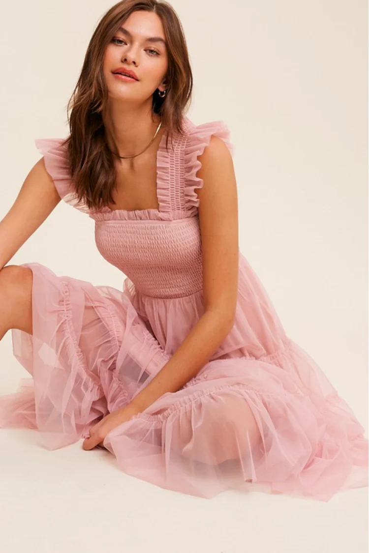 Fiori Short Pink Tulle Tiered Midi Dress - FINAL SALE - Image 4