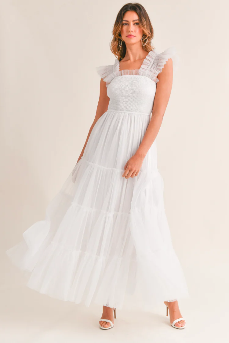 Fiori Tulle Tiered Maxi Dress - White - Image 3