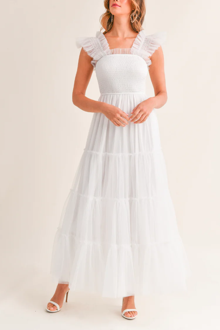 Fiori Tulle Tiered Maxi Dress - White - Image 5
