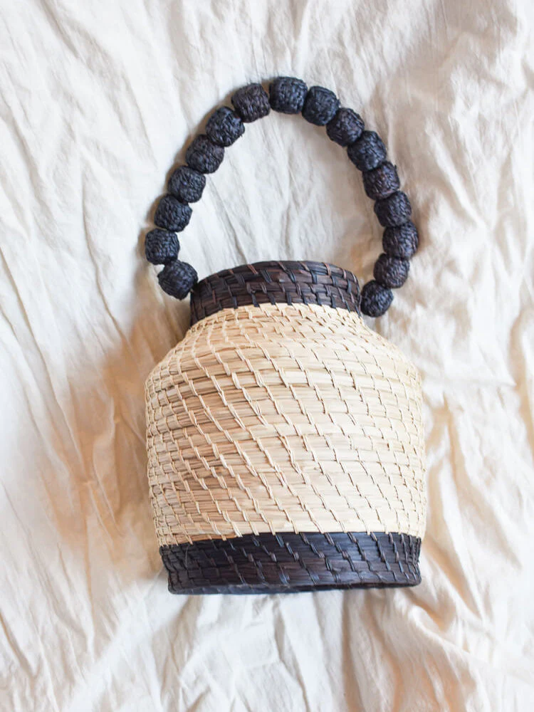 San Gil Handwoven Top Handle Straw Bucket Bag - Charcoal - FINAL SALE