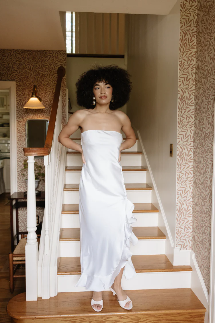 Say I Do Strapless White Ruffle Midi Dress - Image 3