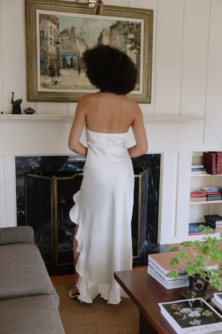 Say I Do Strapless White Ruffle Midi Dress - Image 4