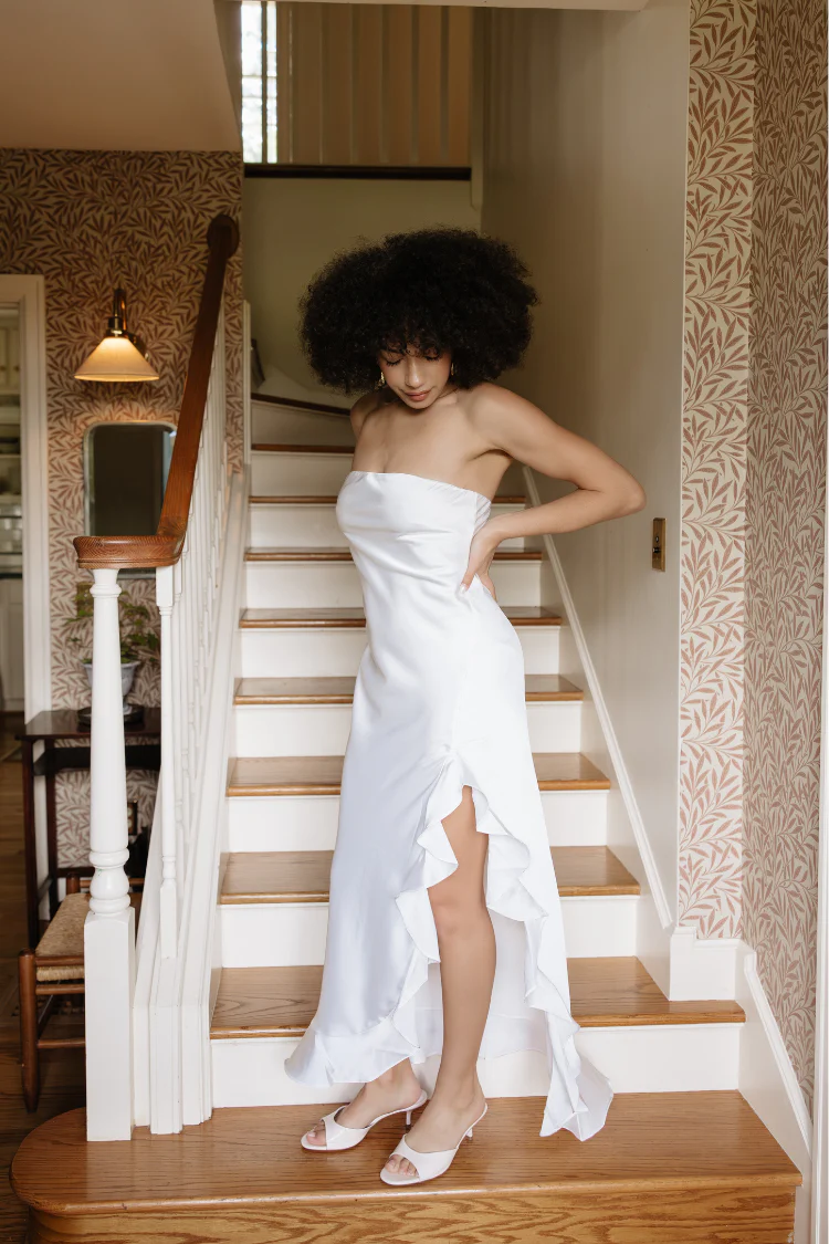 Say I Do Strapless White Ruffle Midi Dress - Image 5