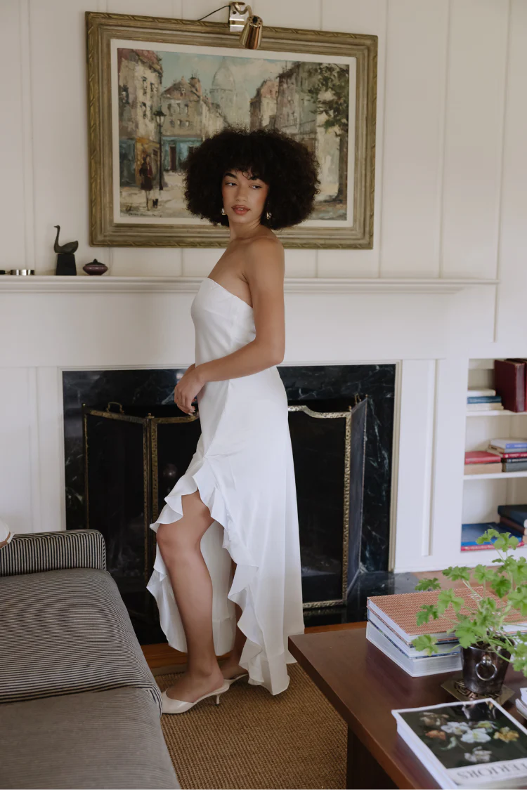 Say I Do Strapless White Ruffle Midi Dress - Image 8