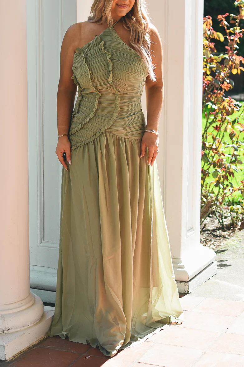 Siena Olive Ruffle Halter Maxi Dress - Image 3